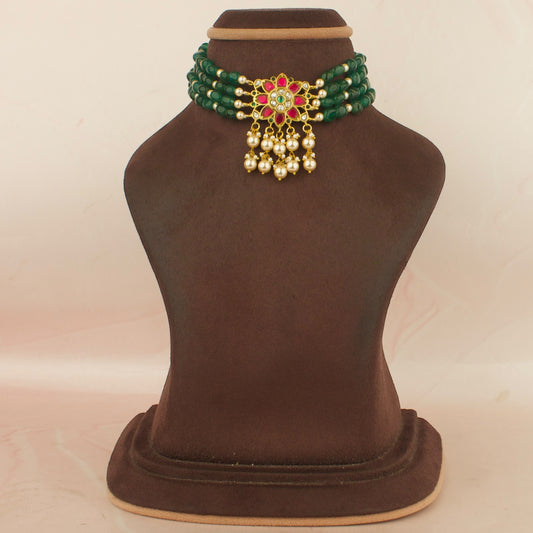 Floral Design Locket Jadau Kundan Beads Choker with Swarovski pearls hanging