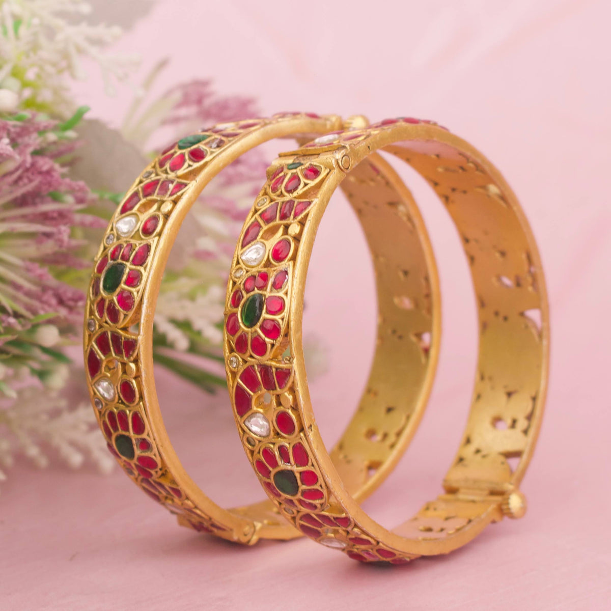 Designer Jadau Kundan Bangles With Floral Motif And Multi-Stone Work Styling Angle View 4 - Dulhan Jewels