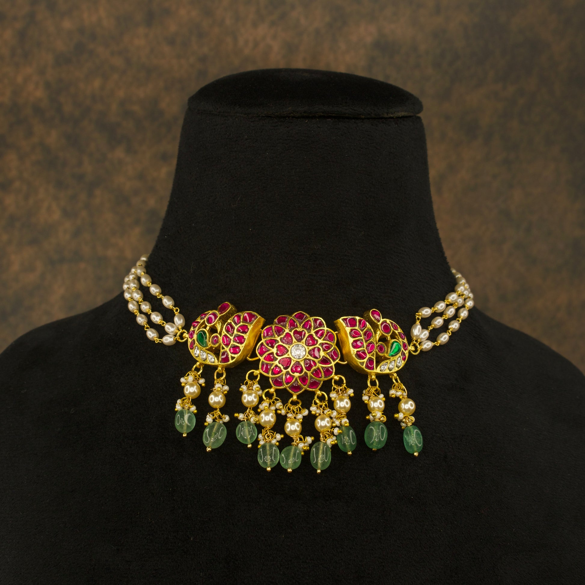 Gold Plated Kundan Choker with Rice Pearls and Peacock Motis21