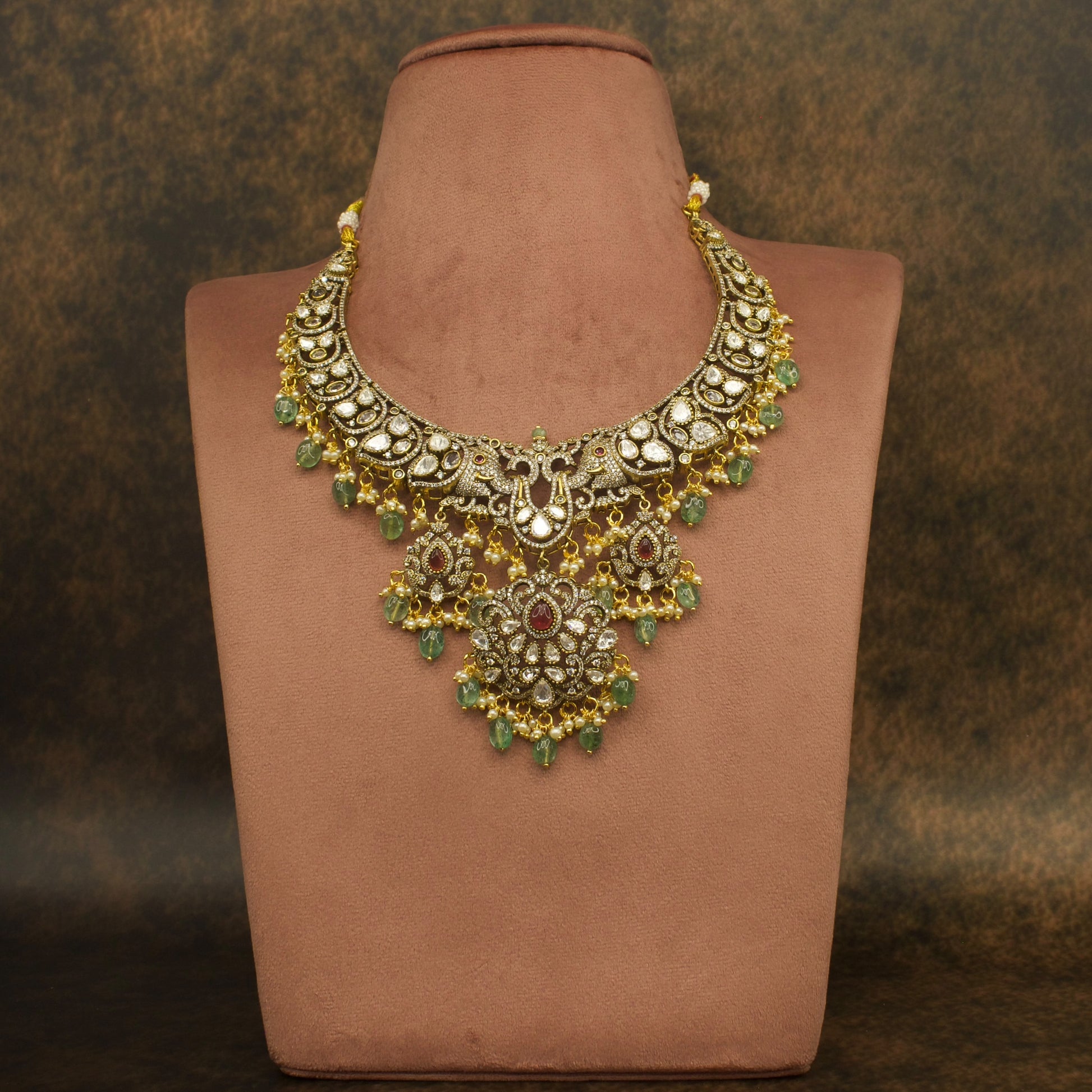 Victorian Polki Opulence Necklace Set with maang tikka finished in High Quality Victorian polish