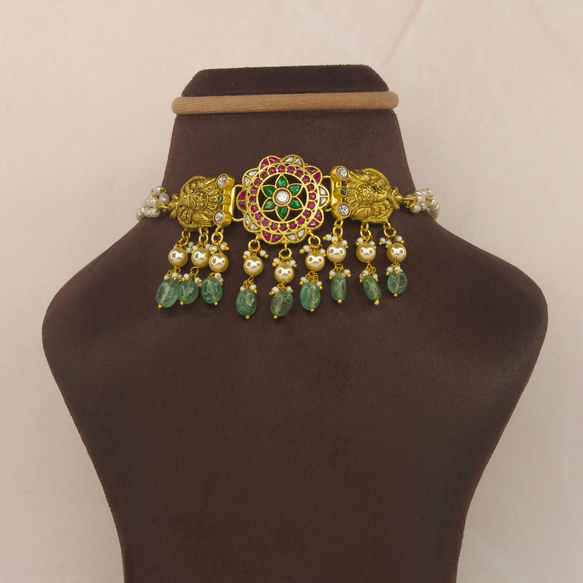 Elegant Jadau Kundan Choker with Nakshi Work and Pearl Drops with 22k gold plating