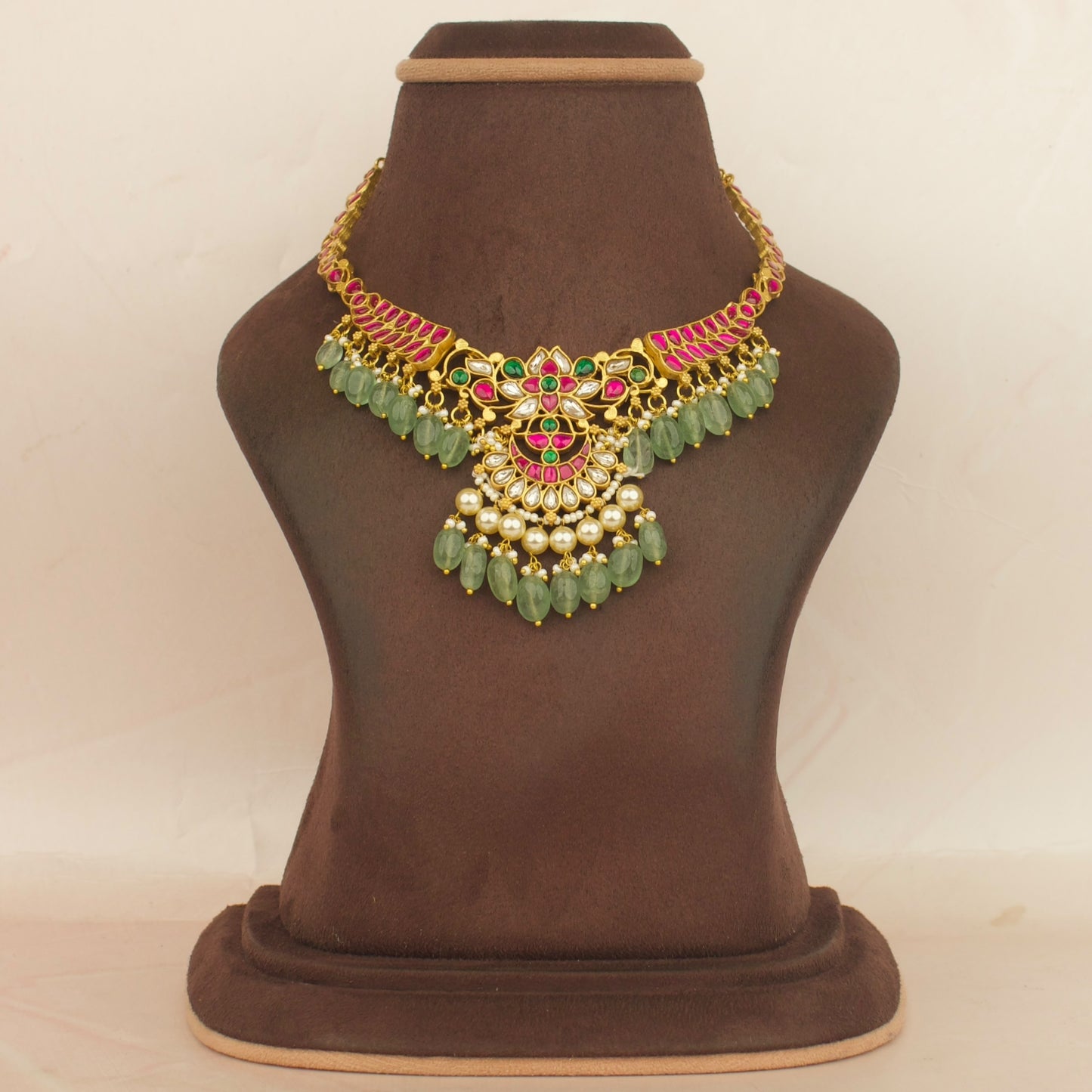 Lotus Chand Design Jadau Kundan Short Necklace with Beads Hanging