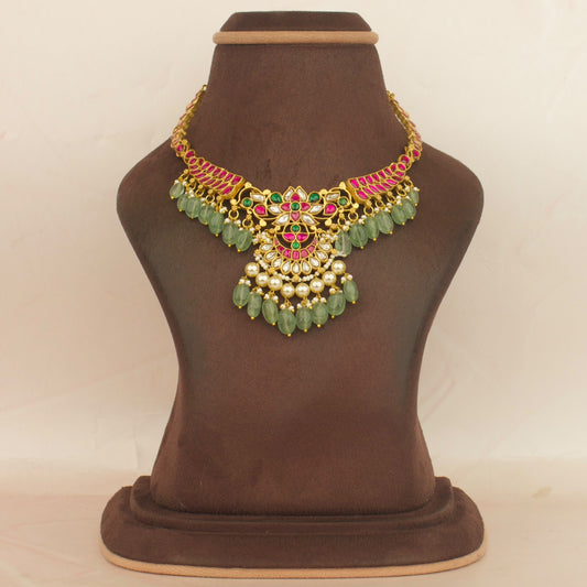 Lotus Chand Design Jadau Kundan Short Necklace with Beads Hanging