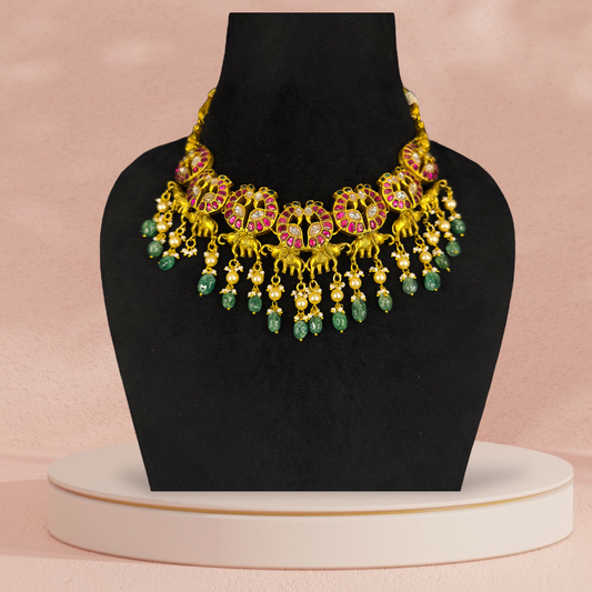 Nakshi Kundan Necklace with pearls & green drops