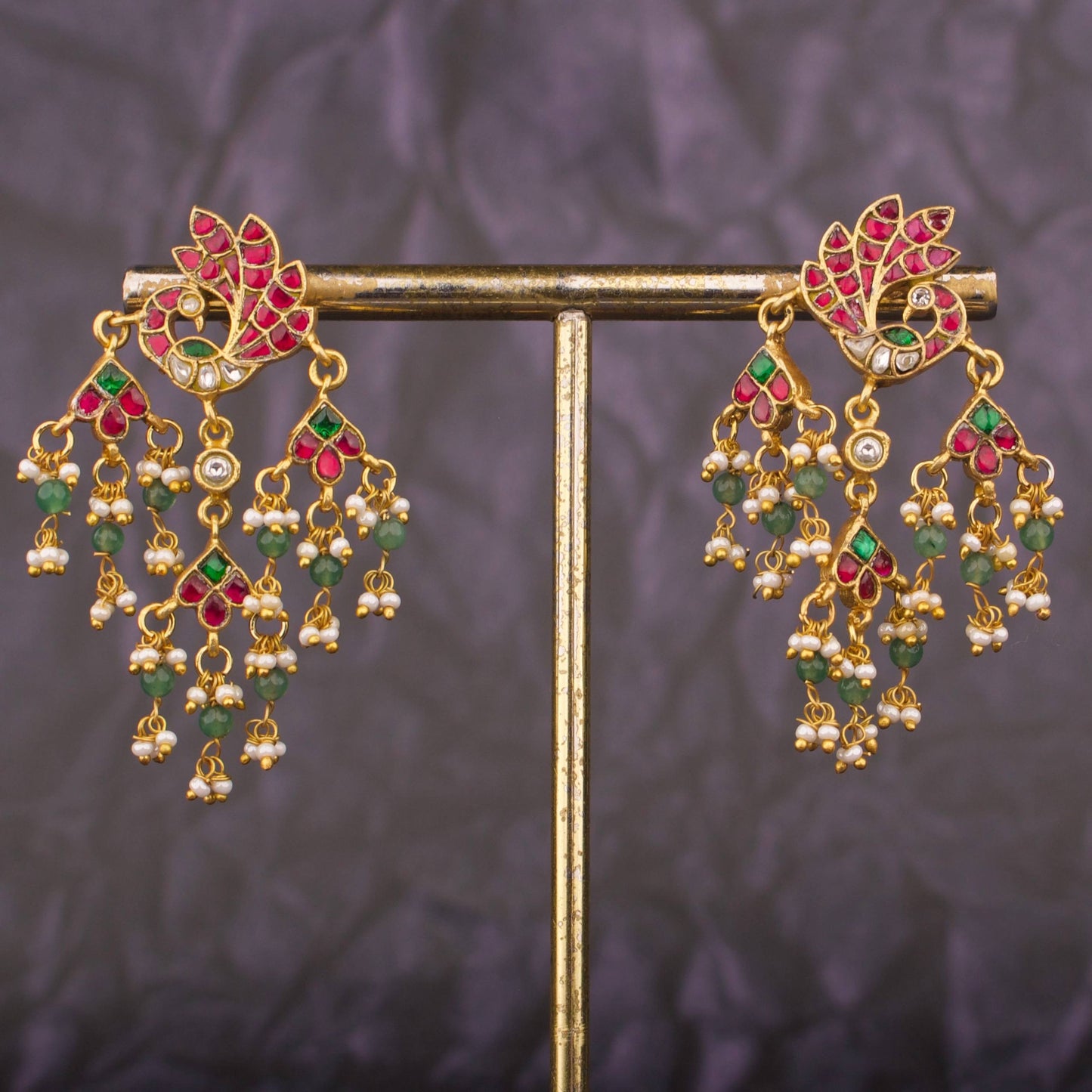 Peacock Studded Jadau Kundan Earrings With Green Beads