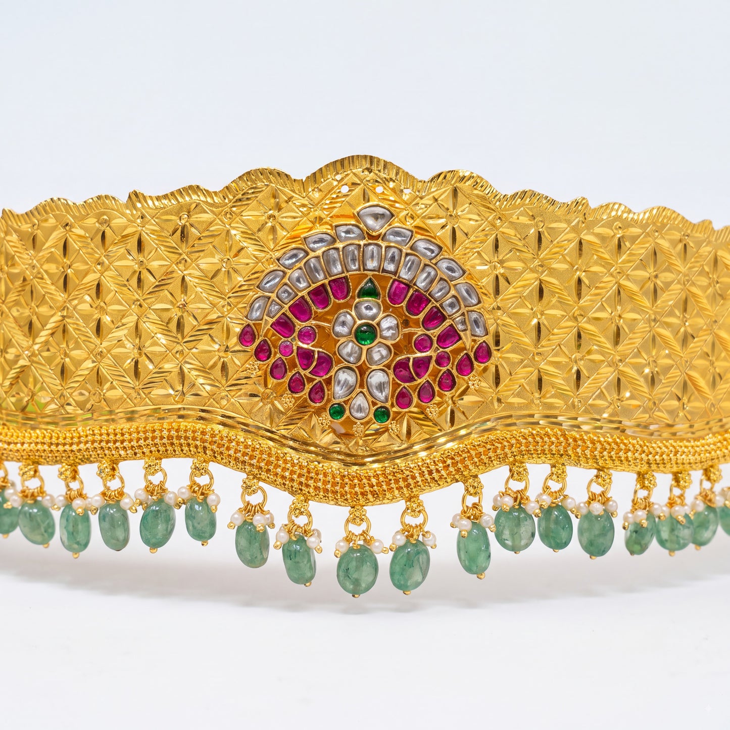 Classic Jadau Kundan Vaddanam With Green Bead Hangings