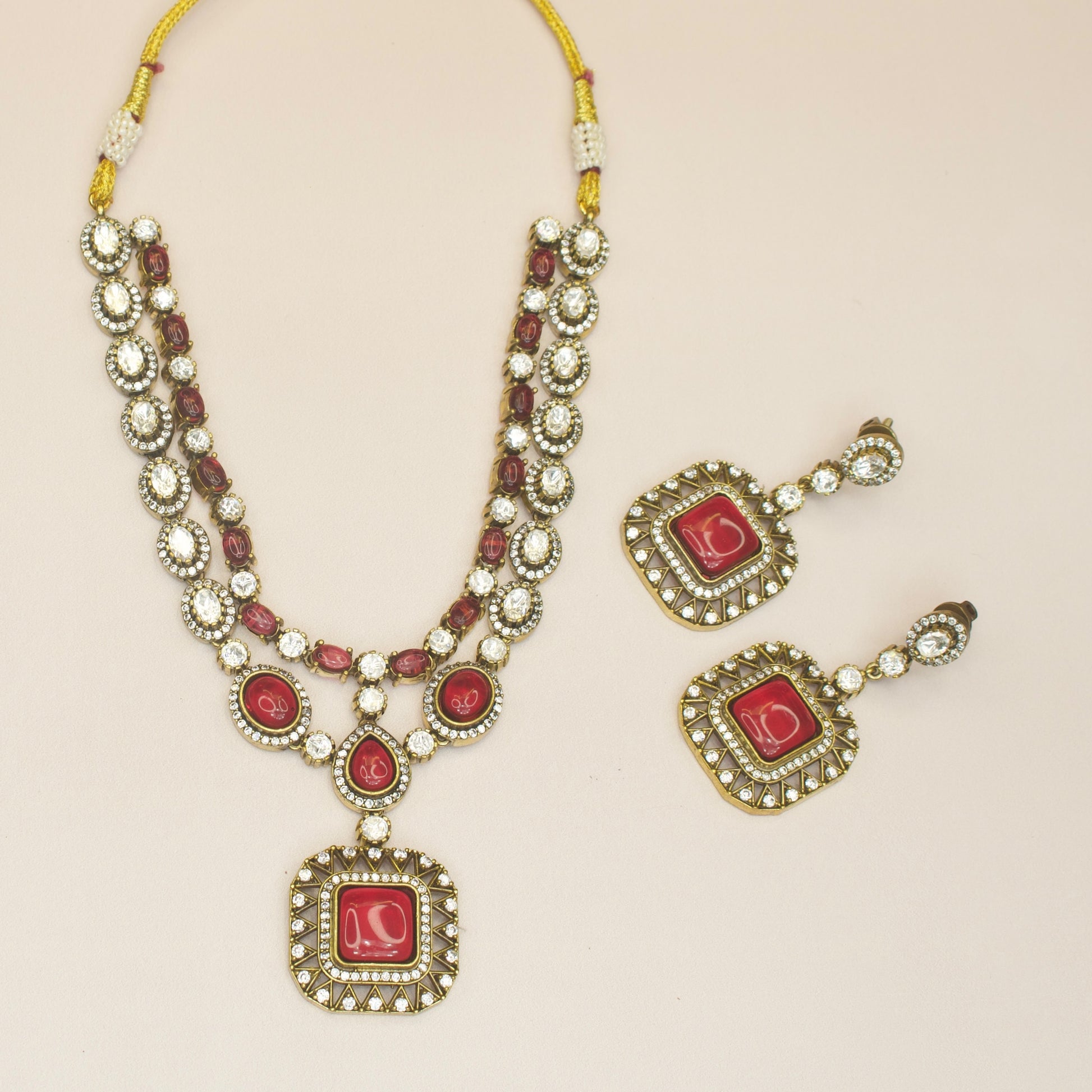 Two-Line Victorian Diamond Necklace with earrings. This Victorian Jewellery is available in Red & Green  colour variants. 