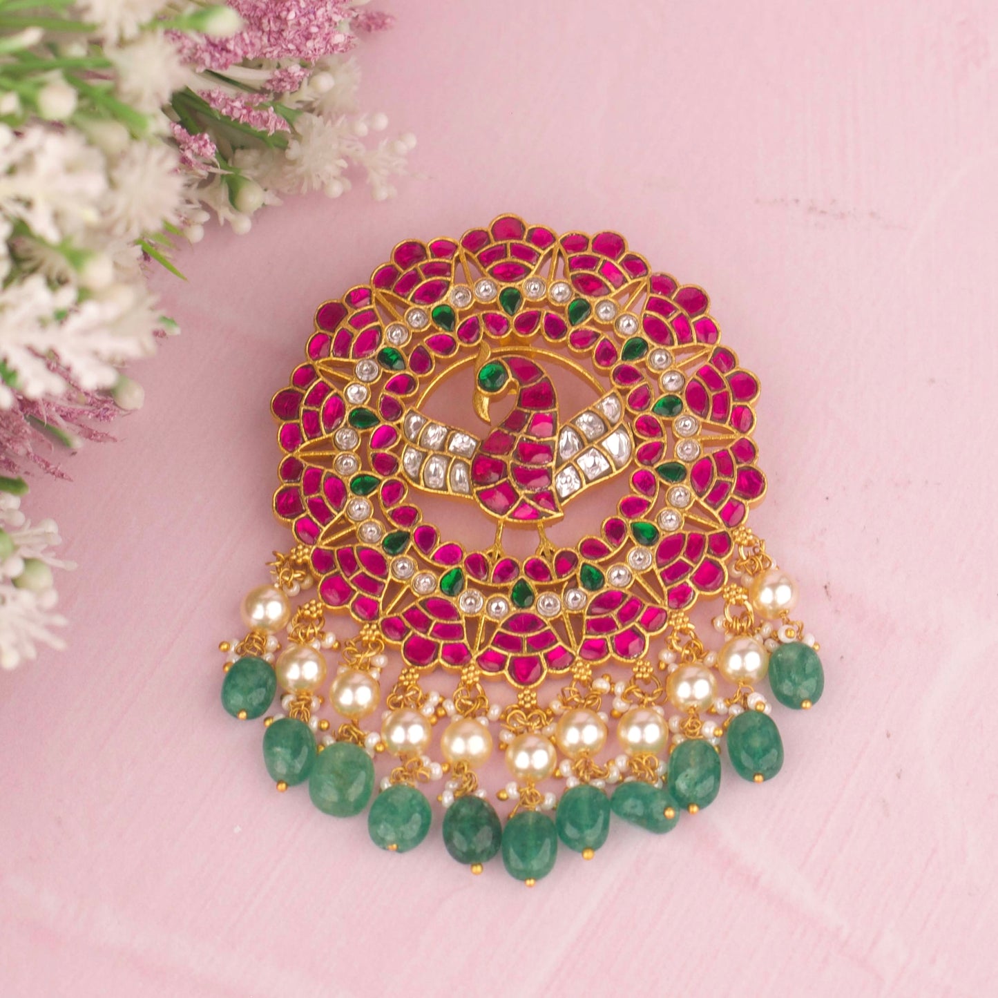 Peacock Jadau Kundan Pendant With Pearls And Emerald Beads