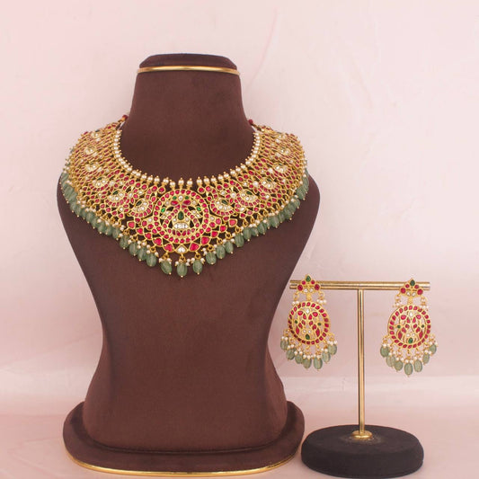 Bridal Jadau Kundan Necklace With Matching Earrings And Green Beads As Droplets