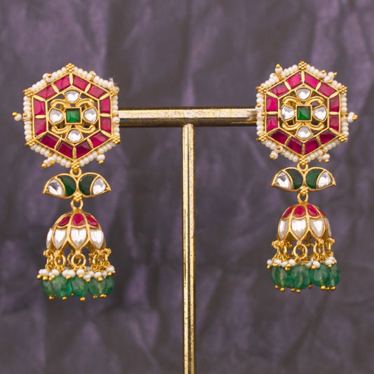 Ethnic Jadau Kundan Jhumka Earrings With Green Drops