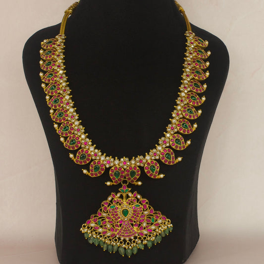 This is a Beautiful Jadau Kundan Mango Mala Necklace in Multi Colour with 22k Gold plating. 