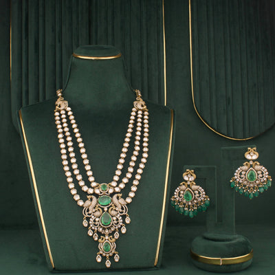 Royal Emerald Green Victorian Polki Necklace Set With Matching Earrings - Handcrafted Indian Bridal Jewelry by Dulhan Jewels
