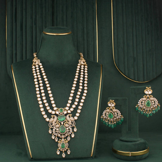 Royal Emerald Green Victorian Polki Necklace Set With Matching Earrings - Handcrafted Indian Bridal Jewelry by Dulhan Jewels