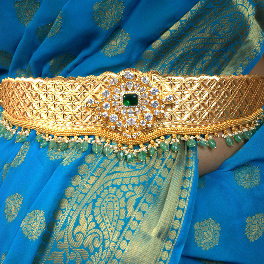 Gold Plated Bridal Hip Belt/Vaddanam with moissanite pendant