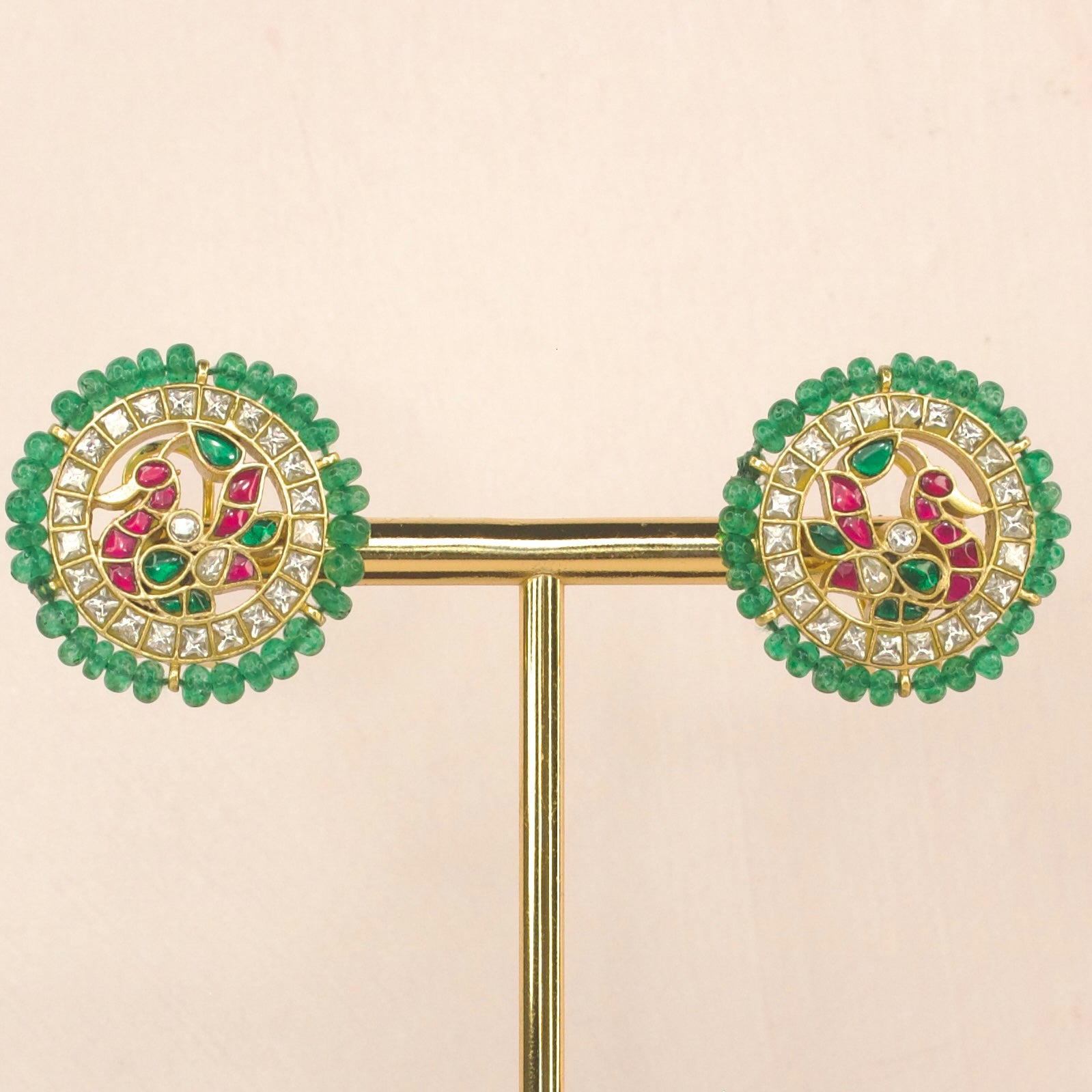 Luxurious Peacock Jadau Kundan Stud Earrings with 22k Gold plating