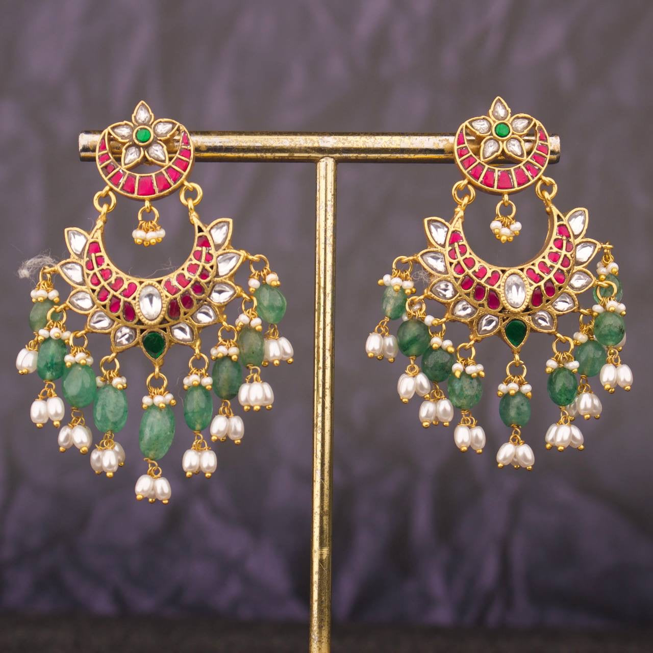 Floral Studded Jadau Kundan Chandbali Earrings With Beads And Ricepearl Hangings