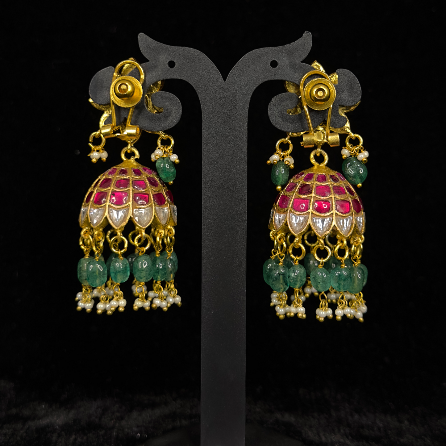 Exquisite Lotus Jadau Kundan Jhumkas with Emerald Beads