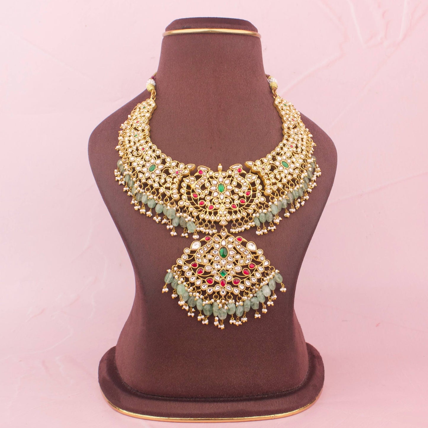 Opulent Gold Inspired Jadau Kundan Short Necklace With Beads Hangings - Premium Indian Ethnic Jewelry | Dulhan Jewels