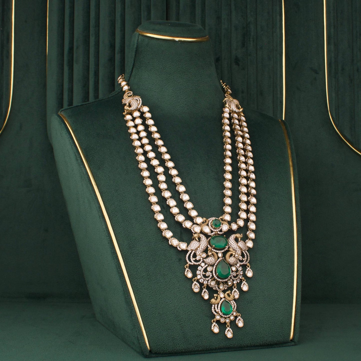 Designer Triple Layer Victorian Polki Necklace With Earrings