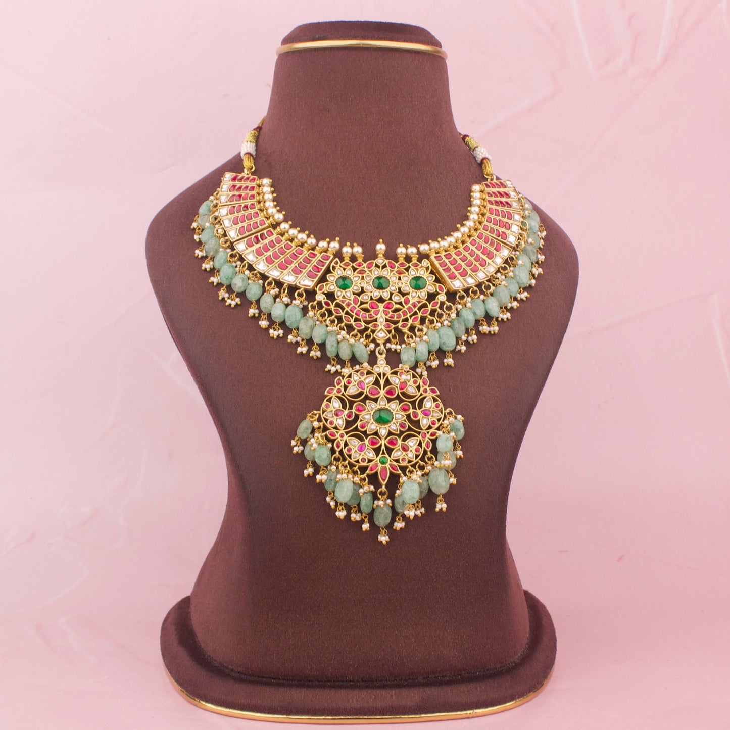 Gold inspired Jadau Kundan Necklace With  Bead Hangings - Premium Indian Ethnic Jewelry | Dulhan Jewels