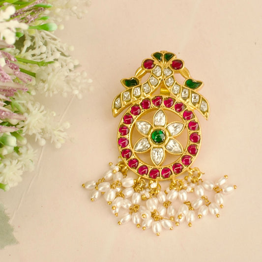 Lavish Floral Design Jadau Kundan Locket with Beads Hanging