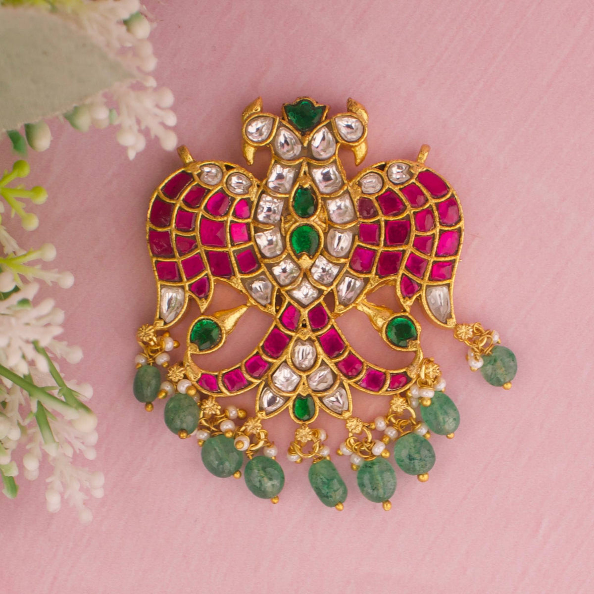 Reversible Gandaberunda Jadau Kundan Pendant Craftsmanship & Detail View - Dulhan Jewels