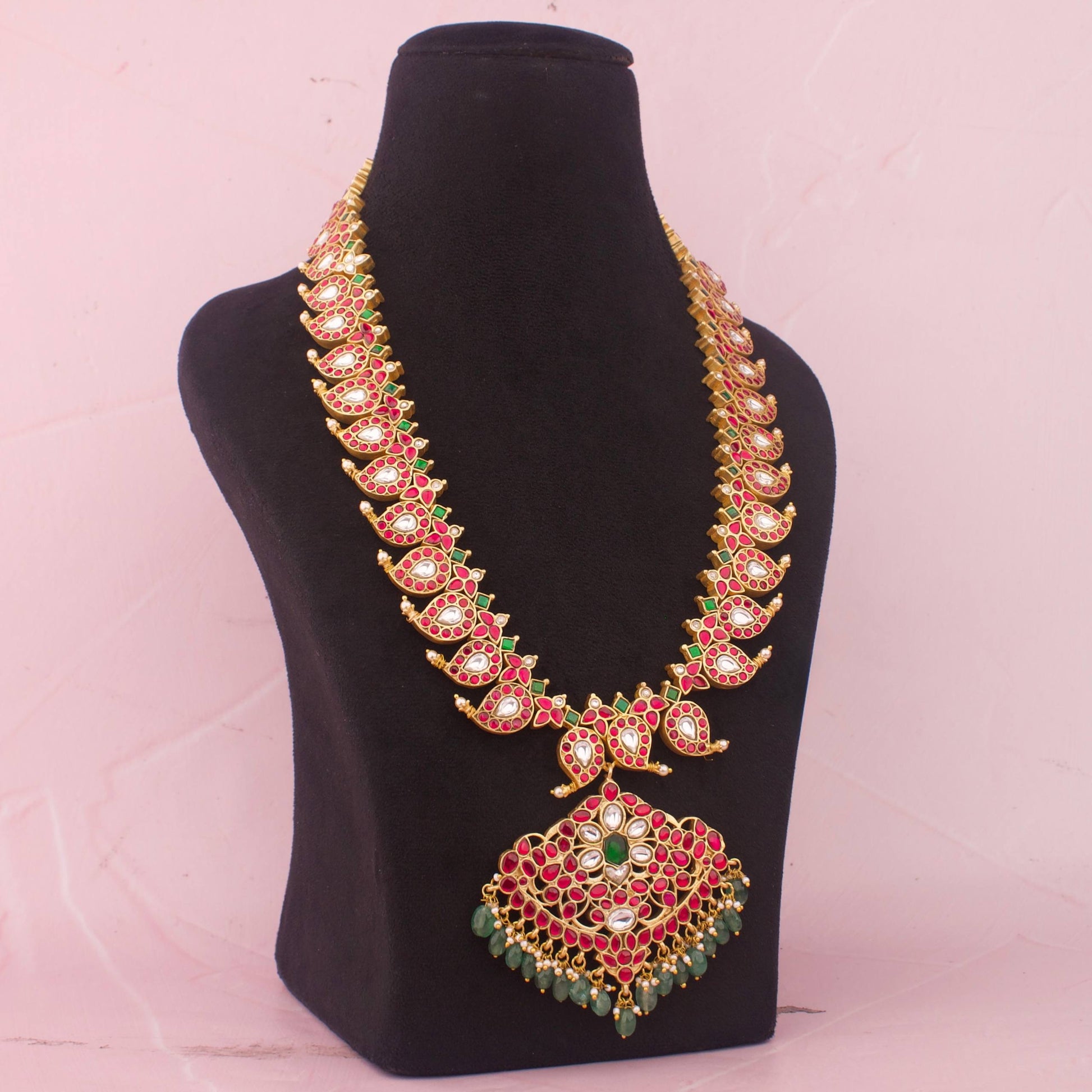 Traditional Jadau Kundan Reversible Mango Haram With Emerald Beads - Alternate View 1