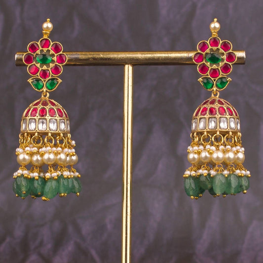 Floral Studded Jadau Kundan Bridal Jhumki Earrings With Guttapusalu Hangings