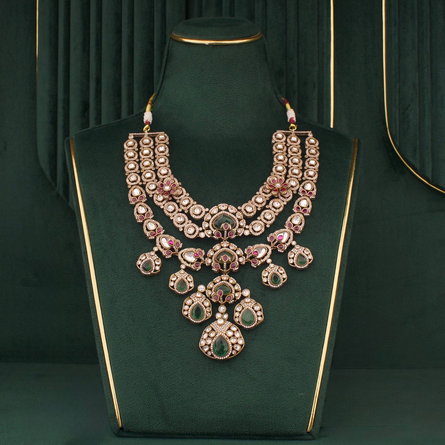 Victorian Ruby Emerald Polki Bridal Statement Necklace Set With Matching Earrings