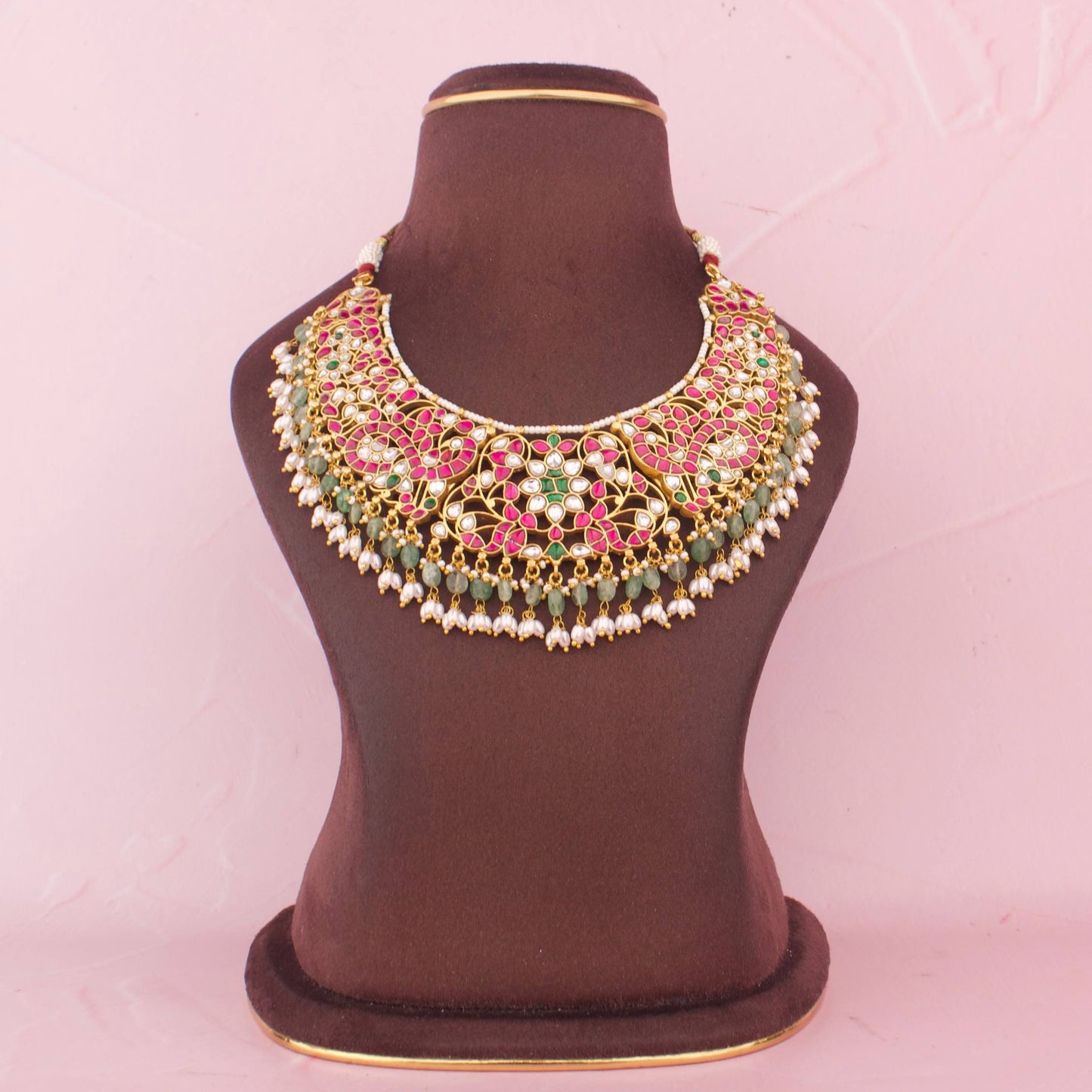 Bridal Short Jadau Kundan Necklace With Green Beads And Pearl Hangings