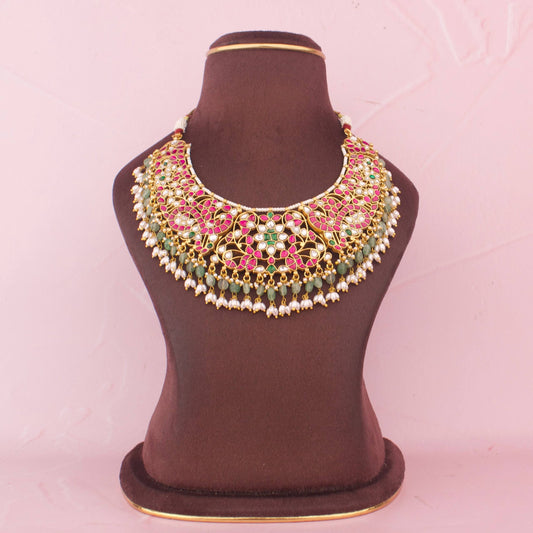 Bridal Short Jadau Kundan Necklace With Green Beads And Pearl Hangings