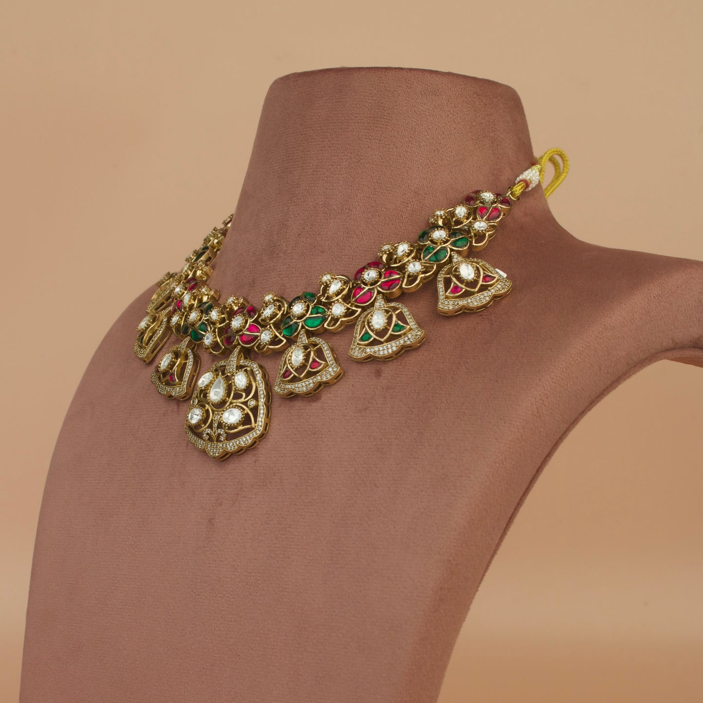 Regal Bells: Victorian Polki Necklace Set with Intricate Detailing