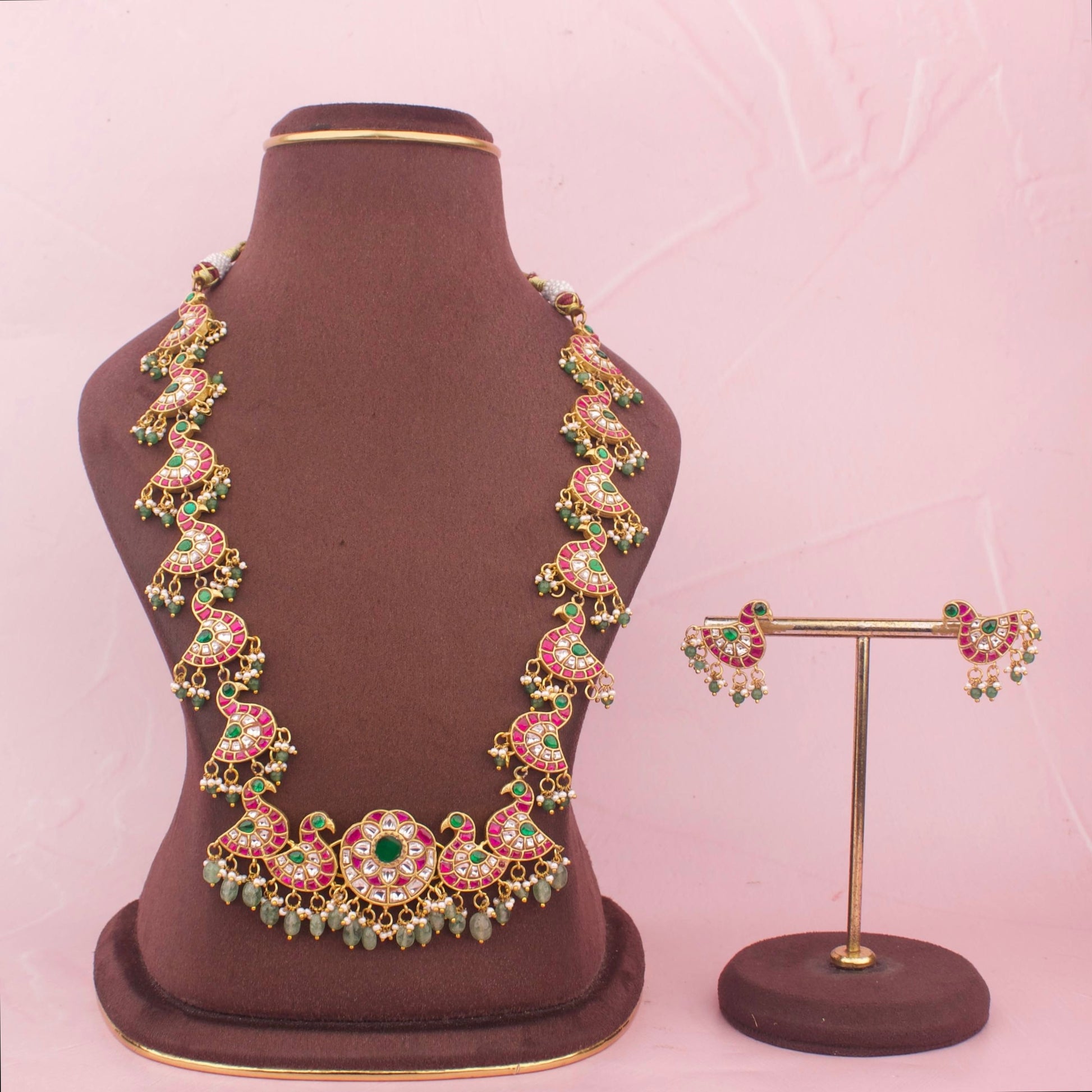 Unique Peacock Design Jadau Kundan Necklace Set With Earrings - Premium Indian Ethnic Jewelry | Dulhan Jewels