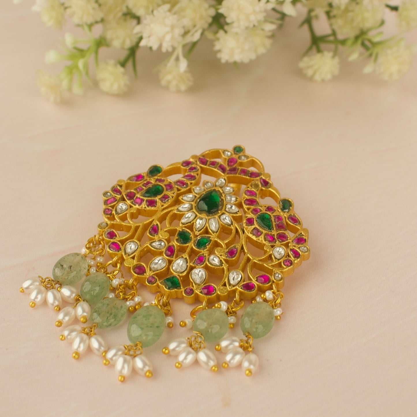 Gold  Inspired Jadau Kundan Pendant With Bead & Pearl Hanging