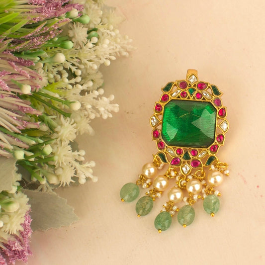 Lavish Design Jadau Kundan Locket with Green Beads and Swarovski Pearls