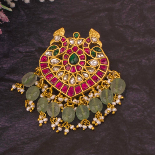 Floral Studded Peacock Design Small Sized Jadau Kundan Locket - DULHAN JEWELS