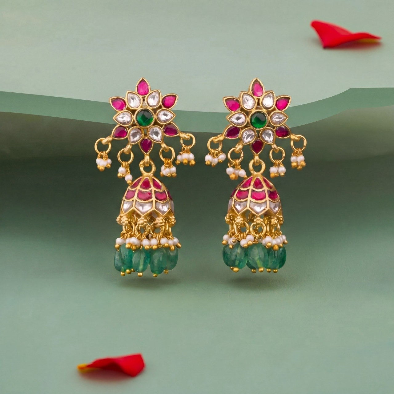 Floral Design Jadau Kundan Jhumka Earrings With Green Beads