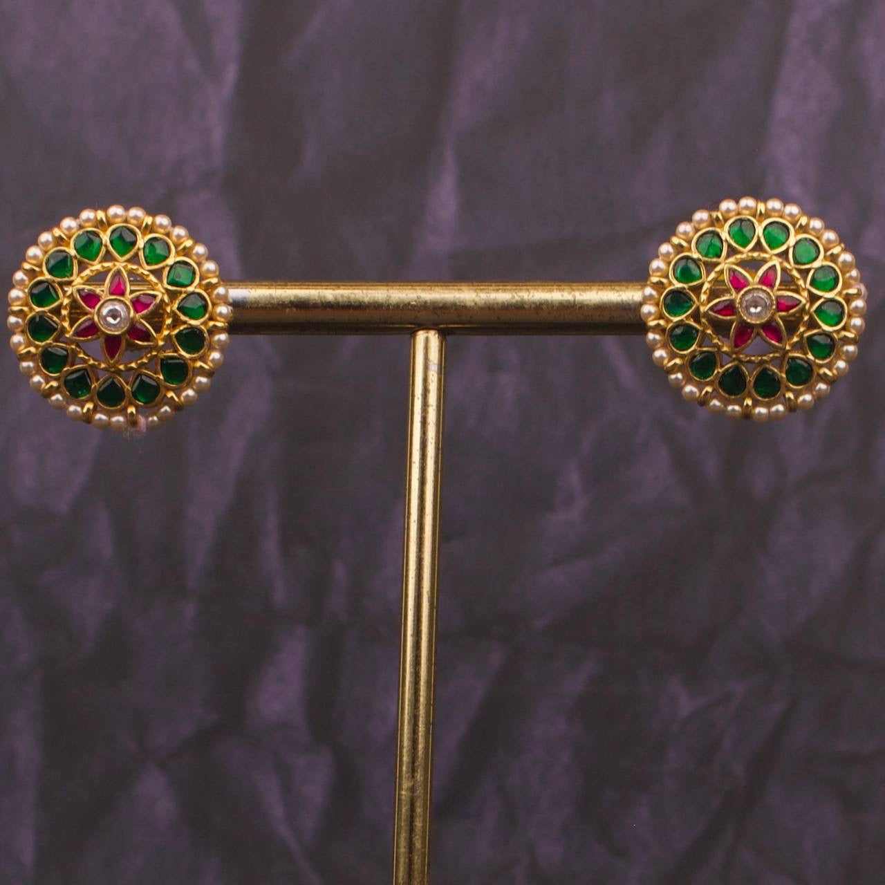 Multi Colour Jadau Kundan Stud Earrings With Swarovski Pearl Bordering