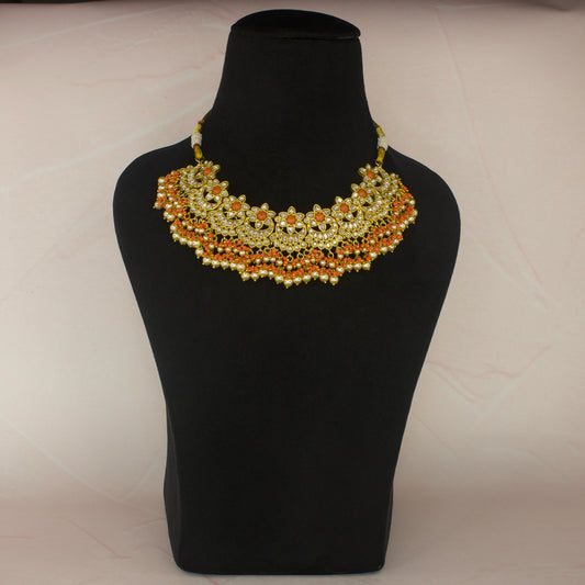 Chandbali Design Jadau Kundan Short Necklace with 22k gold plating. this products belongs to jadau kundan jewellery category
