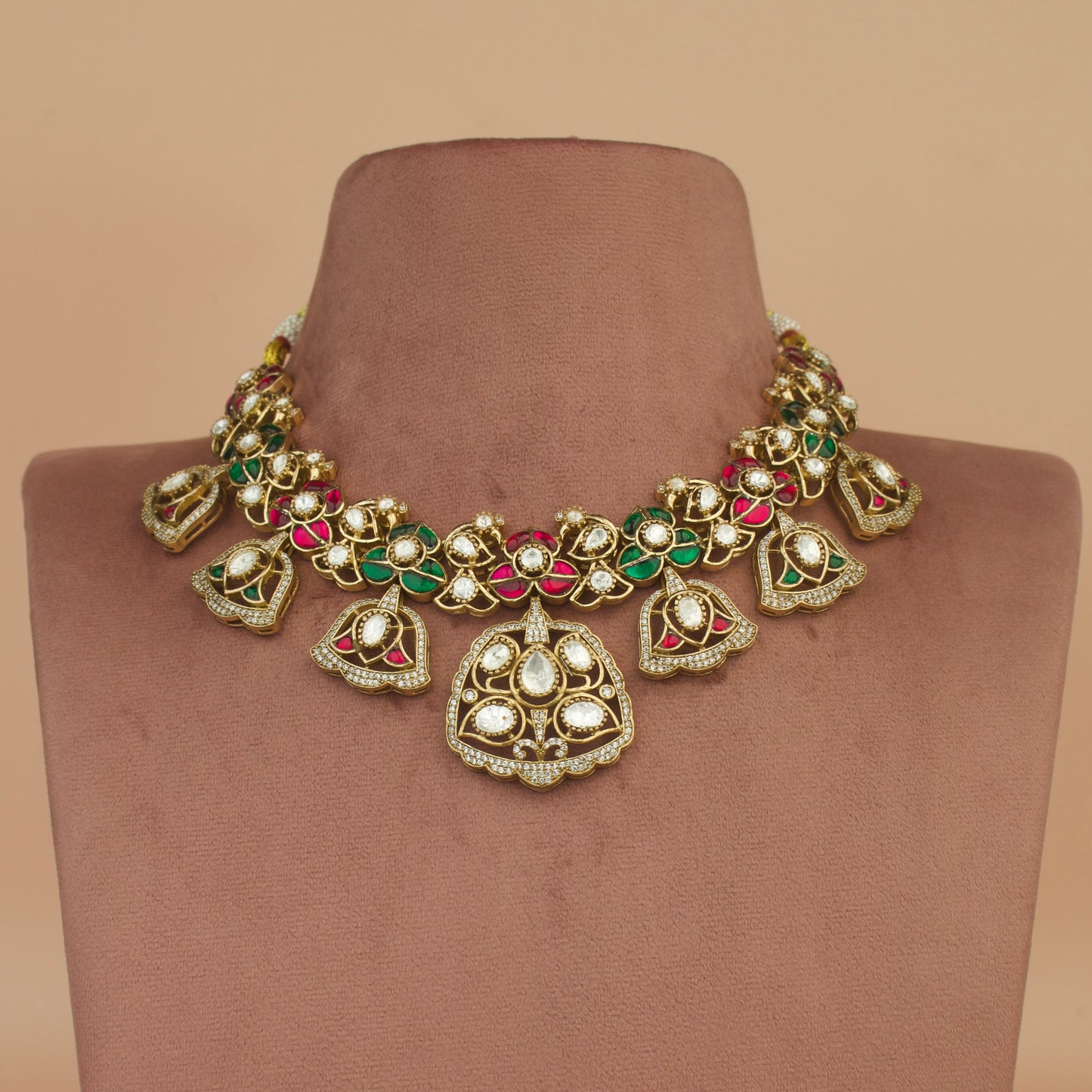 Regal Bells: Victorian Polki Necklace Set with Intricate Detailing