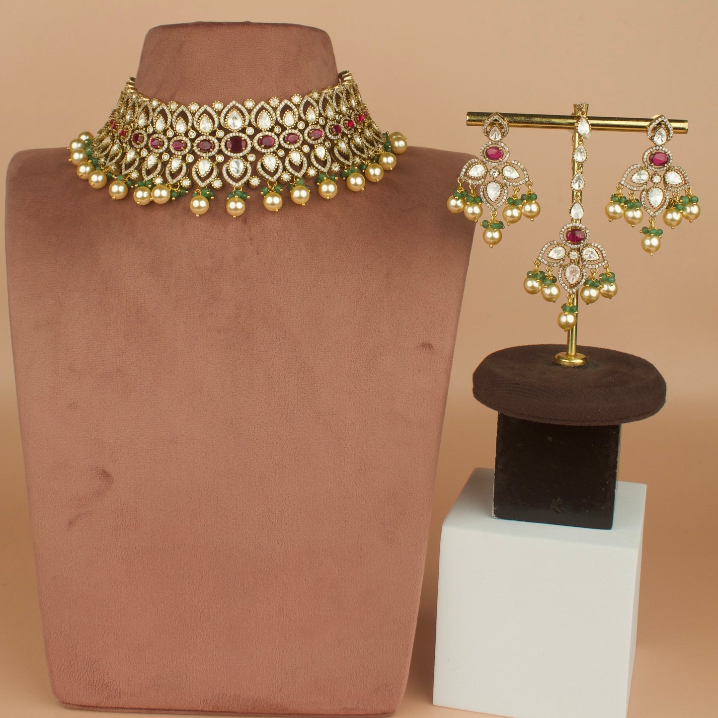 Royal Victorian Polki Choker Necklace Set with Maangtika