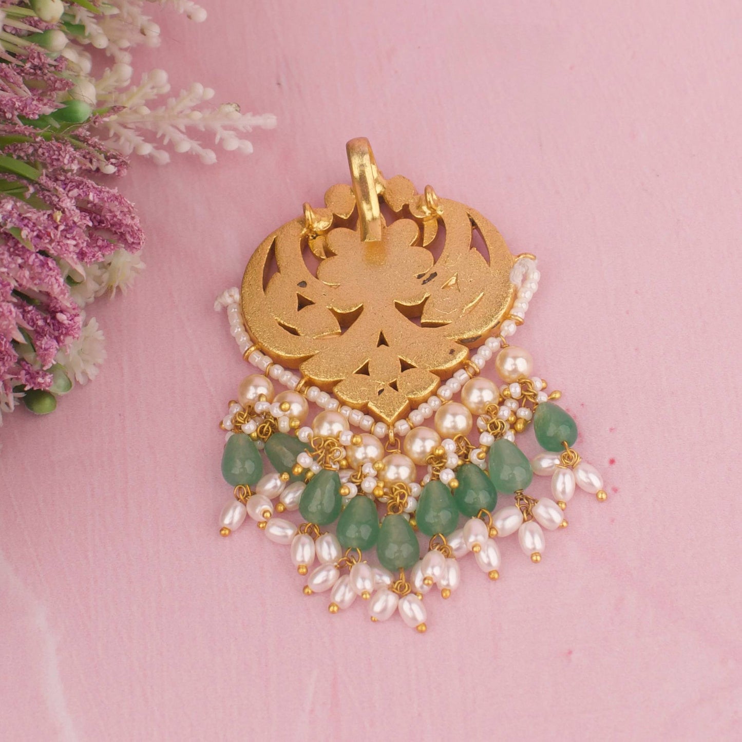 Peacock Design Jadau Kundan Pendant With Guttapusalu Hangings