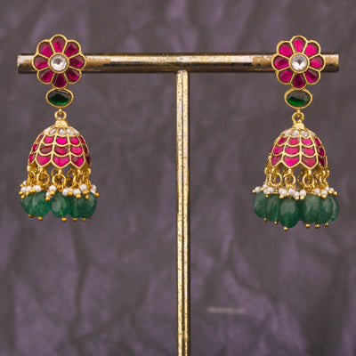 Ethnic Jadau Kundan Jhumki Earrings With Emerald Beads