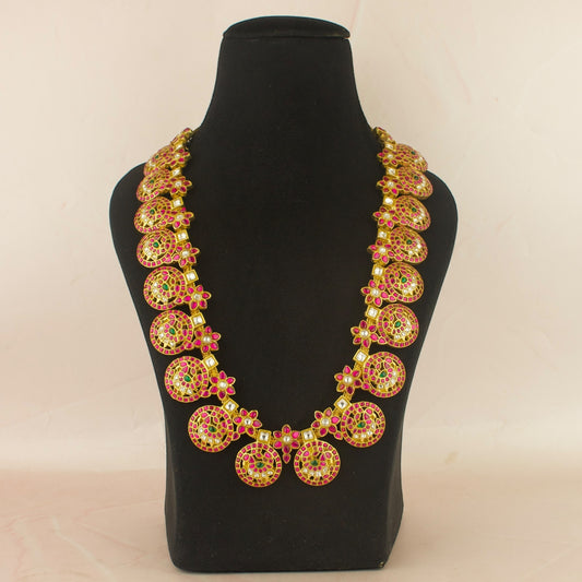 Traditional Jadau Kundan Long Bottumala Haram With Peacock Carving