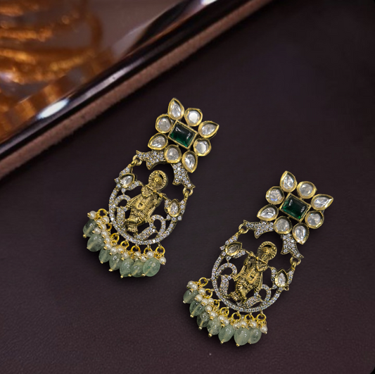 Temple Design Victorian Chandbali Earrings with Lord Krishna Motif. This Victorian Jewellery is available in a Green colour variant. 