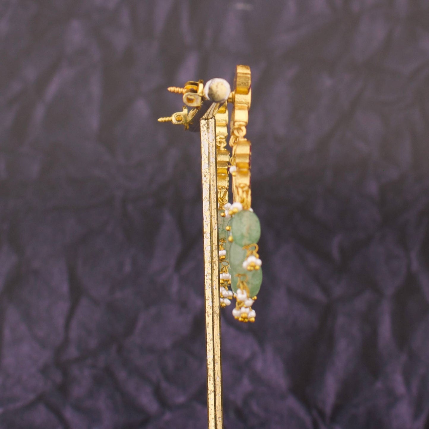 Dazzling Floral Design Jadau Kundan Chand Bali With Russian Beads Hanging