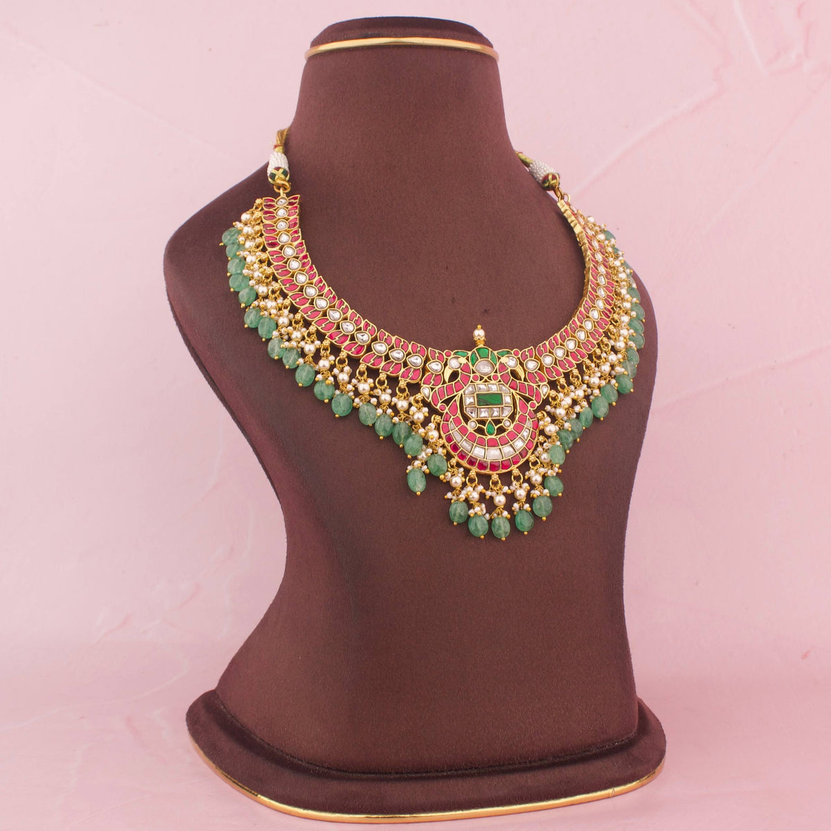 Gold Style Jadau Kundan Necklace With Green Beads And Pearl Drops Craftsmanship & Detail View - Dulhan Jewels