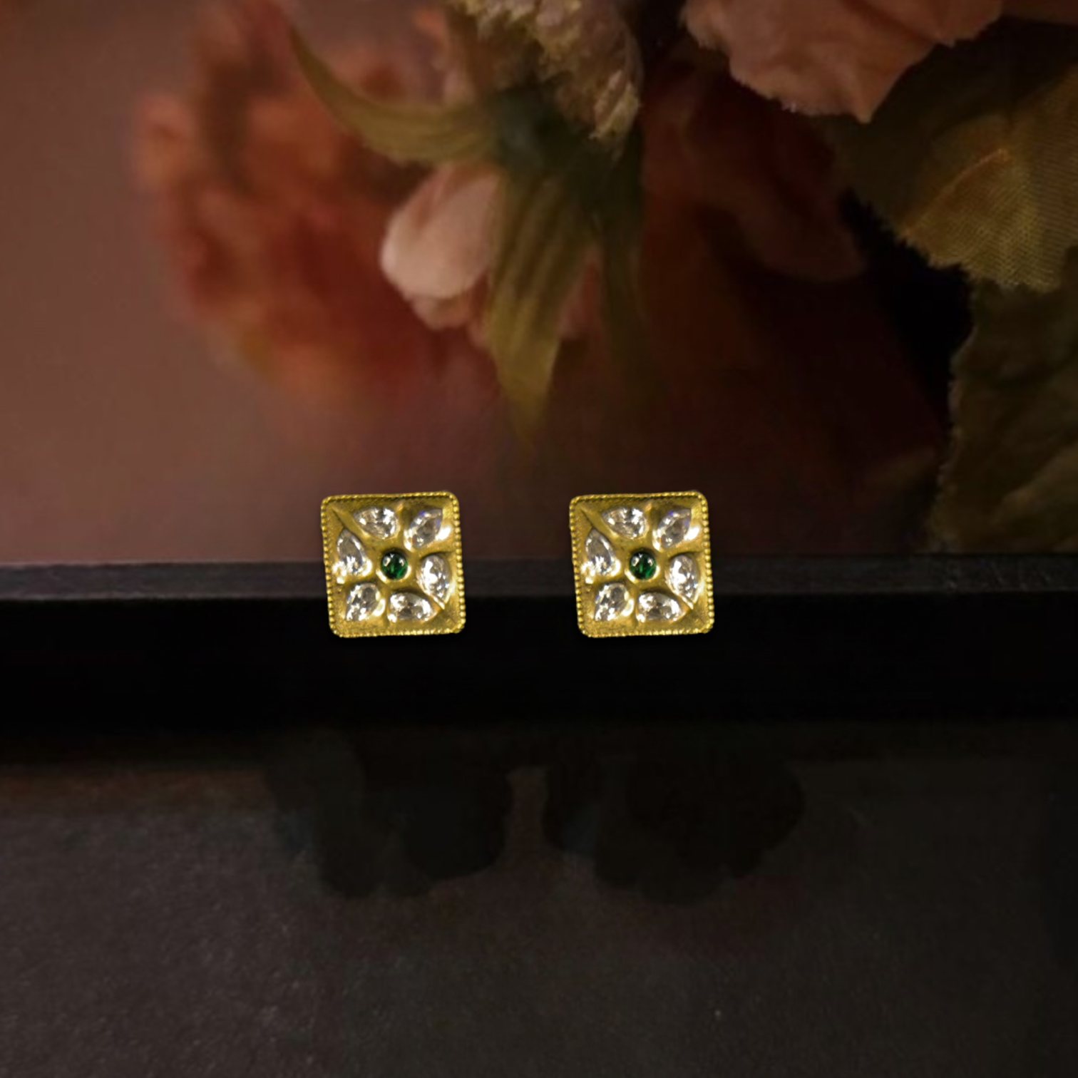 Square-cut Victorian kundan Stud Earrings. This Victorian Jewellery Is available in Red & Green colour varaiants.     