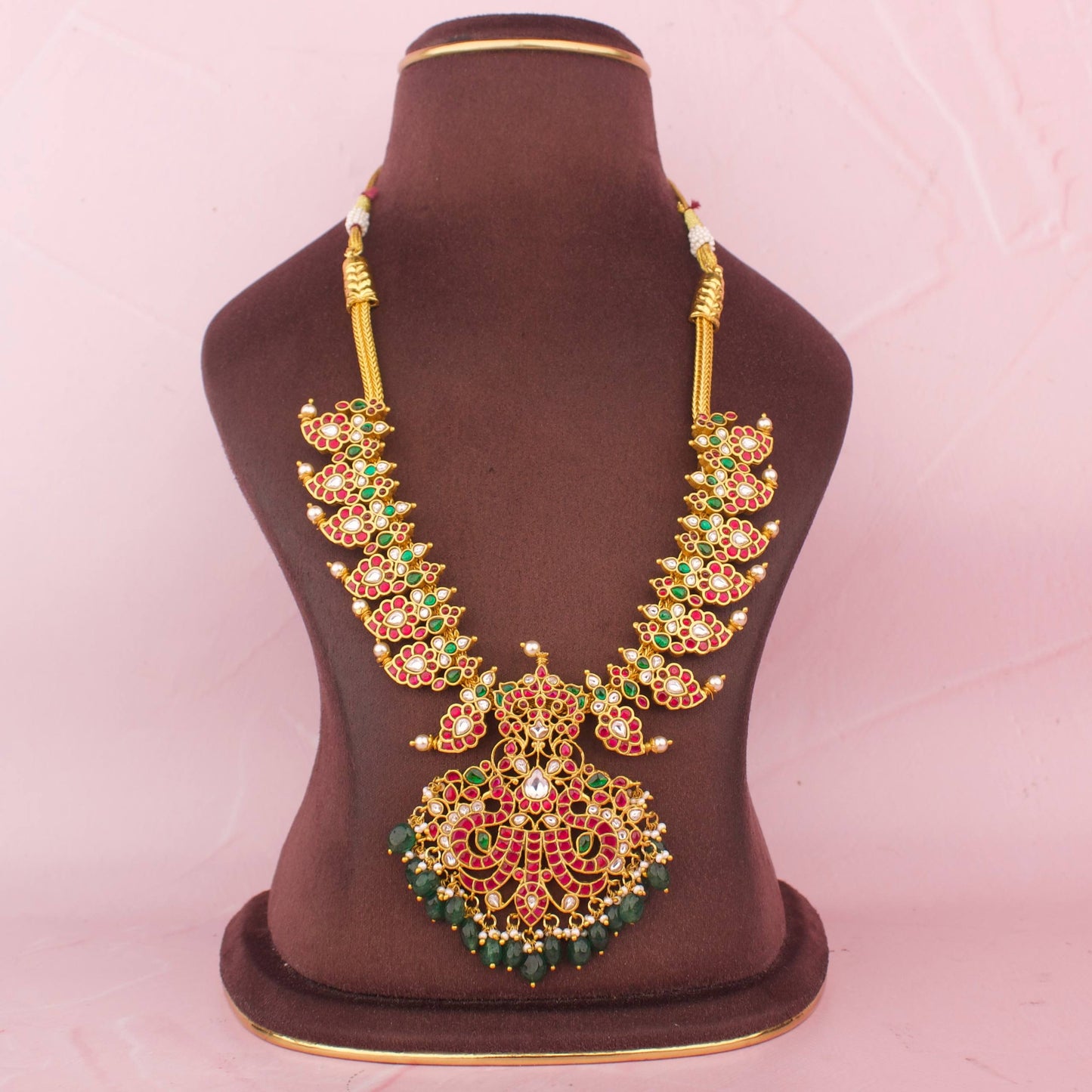 Opulent Jadau Kundan Mango Haram With Peacock Pendant And Green Drops