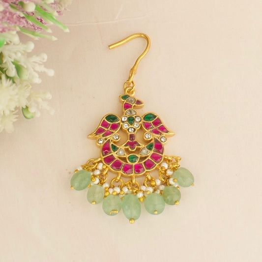 Peacock Chandbali Design Jadau Kundan Mangtikka with Green Beads Hanging